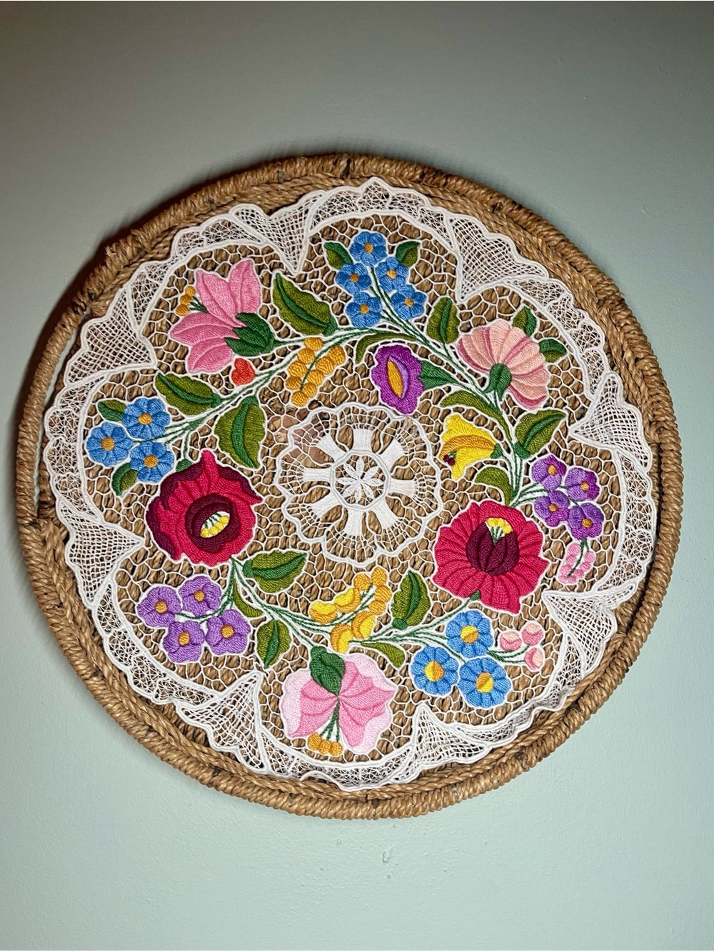 Kalocsa Hungarian Hand Embroidered Doily With Kalocsai Floral Lace Design 14"x14